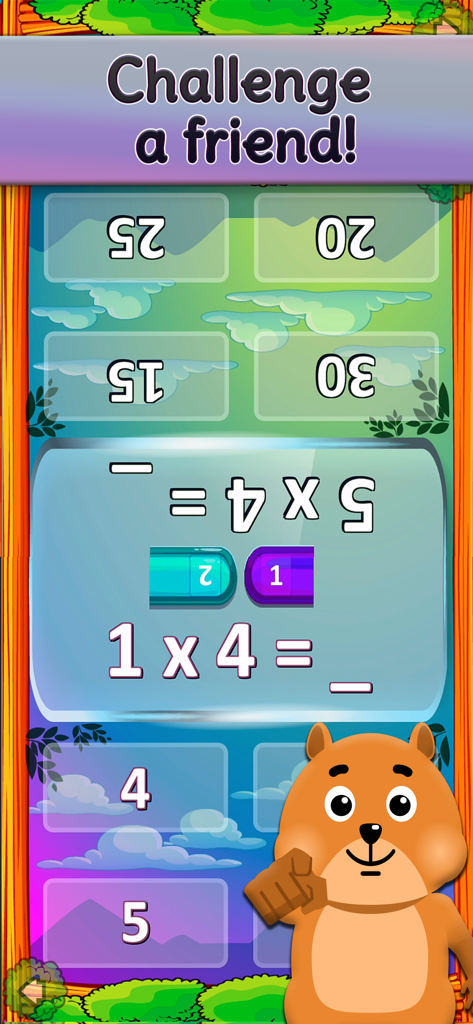Split screen multiplayer multiplication game in Times Tables and Friends app featuring a friendly bear mascot