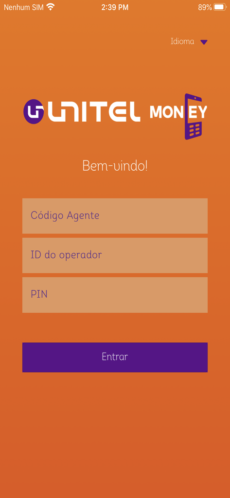 UNITEL Money Parceiros - Interfaz de inicio de sesión de Unitel Money Parceiros con campos para Código de Agente, ID de Operador y PIN.