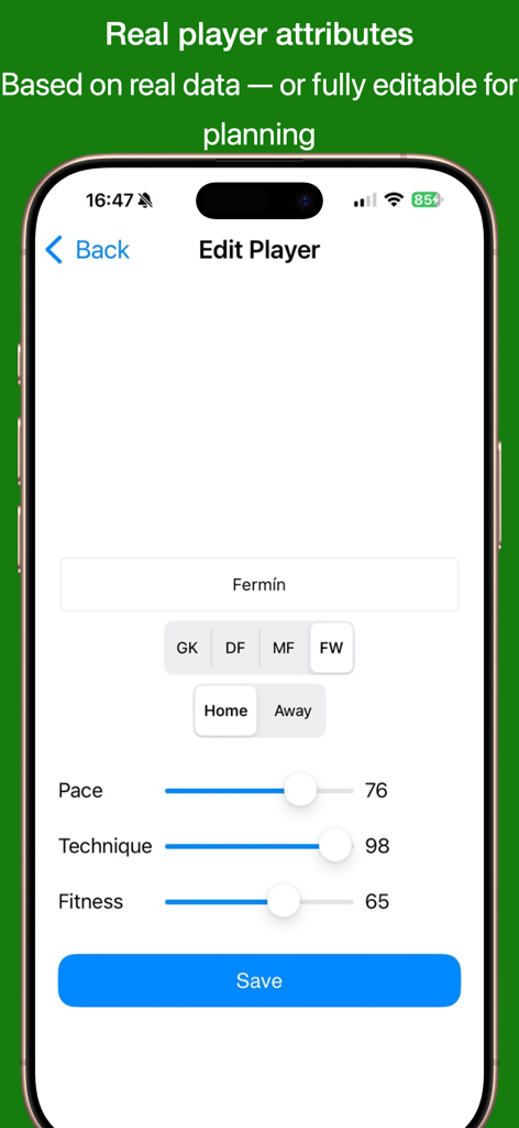 Capture d'écran de l'application Football Pad montrant l'écran d'édition de joueur avec des curseurs réglables pour les attributs de vitesse, de technique et de condition physique.