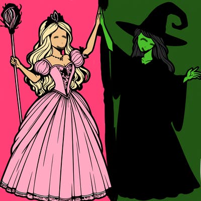 detailed realistic split of a princess and a witch