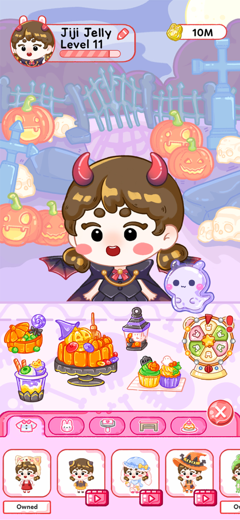 Jiji Jelly character wearing a devil costume in a Halloween themed room with spooky decorations and treats
