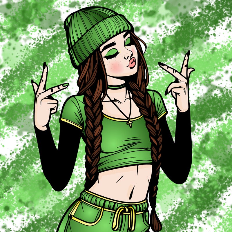 realistic teenage girl with braids and a beanie and crop top doing 🫶🏼