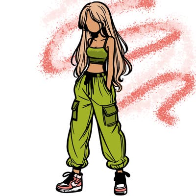 girl in baggy pants crop top and long hair