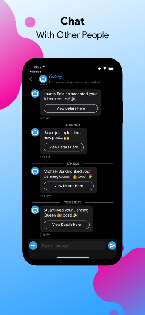 Mobile screen showing the social chat feature of Gatsby app with friend activity notifications