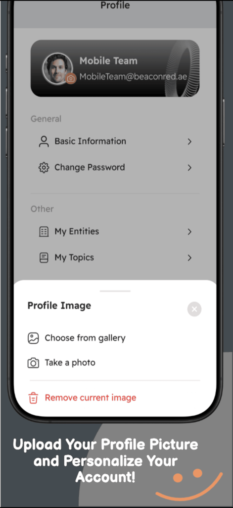 Sentinel Report - Pantalla de configuración de perfil en la aplicación Sentinel Report que muestra opciones para subir o cambiar una imagen de perfil