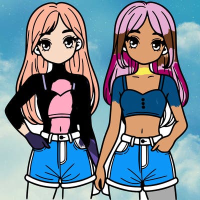 two sisters with crop tops and jean shorts and straight hair