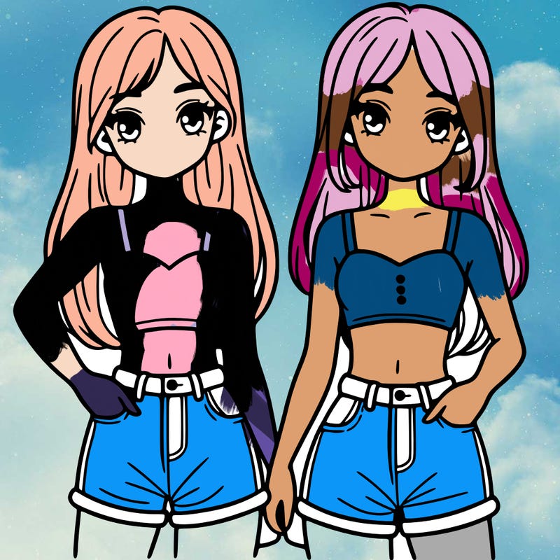 two sisters with crop tops and jean shorts and straight hair