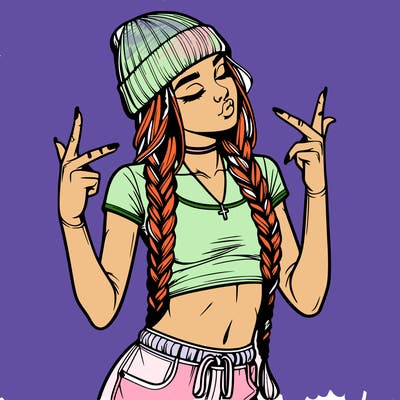 realistic teenage girl with braids and a beanie and crop top doing 🫶🏼