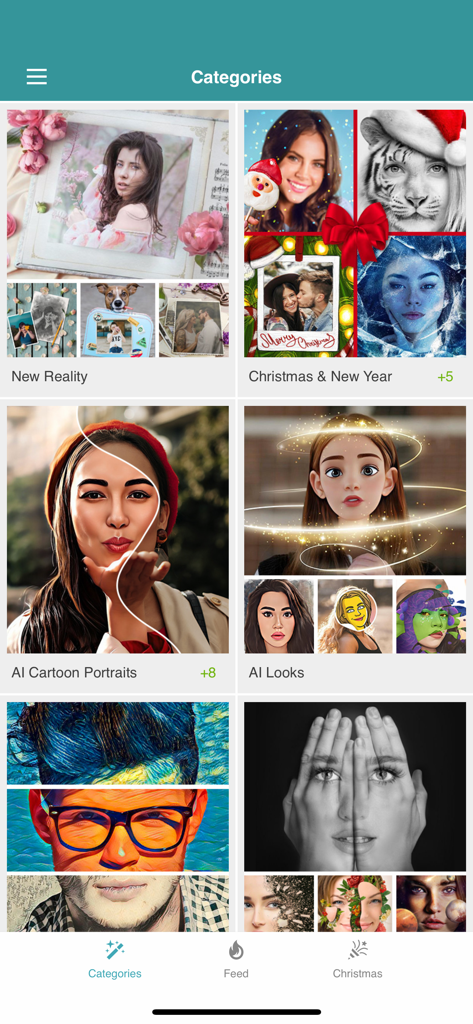 Screenshot of the Christmas Photo Frames app categories screen displaying holiday filters and AI portrait effects