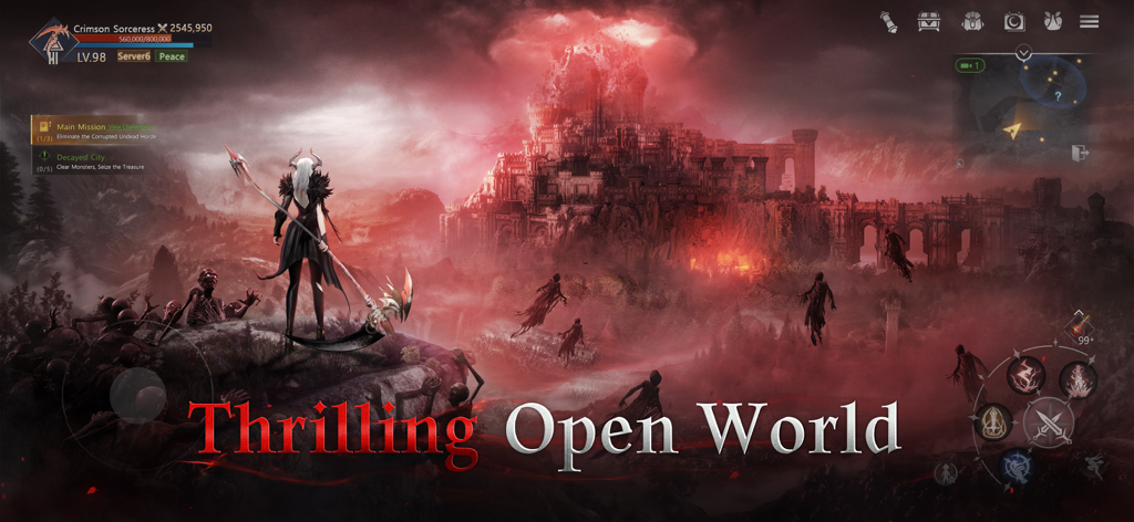 Age of Ashes: Dark Nuns DE - A Crimson Sorceress character overlooking a gothic landscape in Age of Ashes Dark Nuns DE