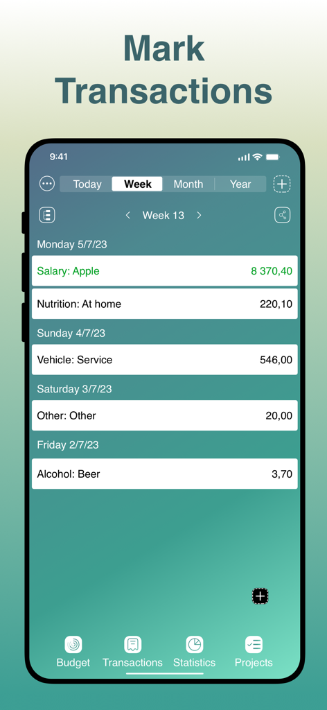 Agile Budget Planner & Tracker - Écran de l'historique des transactions hebdomadaires montrant les revenus et les dépenses dans l'application Agile Budget Planner