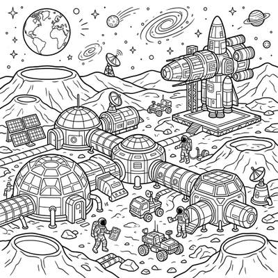 Blast off to the moon with this incredible Lunar Colonies coloring page! Imagine life in a futuristic moon base as you bring astronauts, rovers, and spaceships to life with your colors.