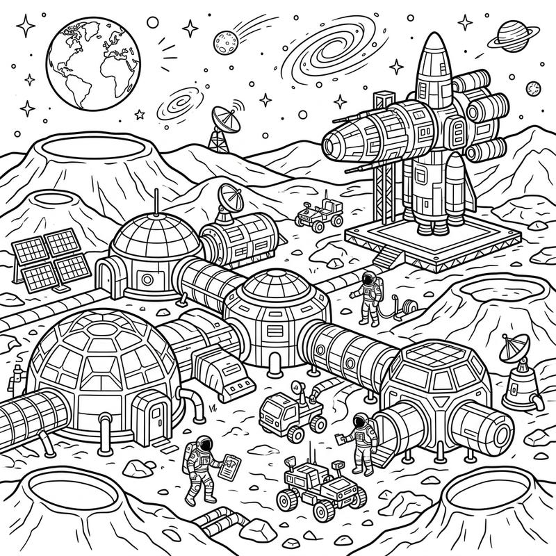 Blast off to the moon with this incredible Lunar Colonies coloring page! Imagine life in a futuristic moon base as you bring astronauts, rovers, and spaceships to life with your colors.