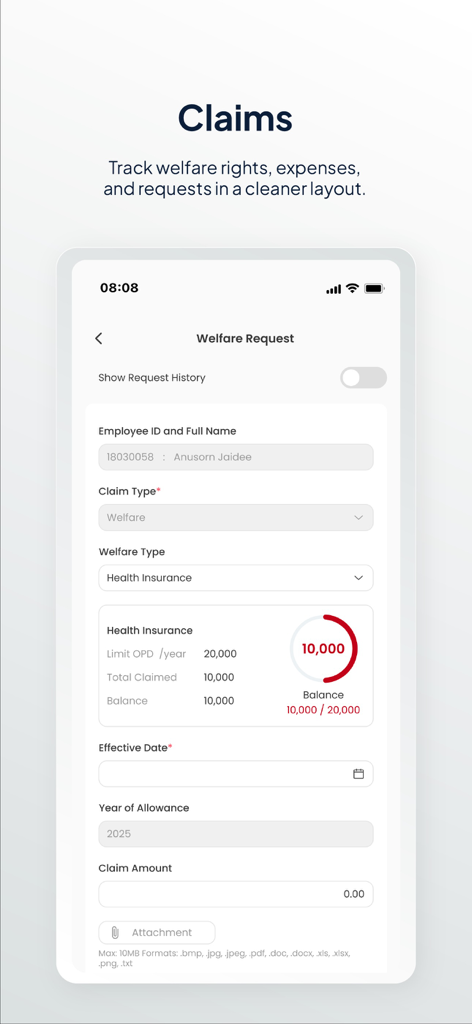 Tiger OpenSpace - Tiger OpenSpace mobile app screen for welfare request and health insurance claim tracking