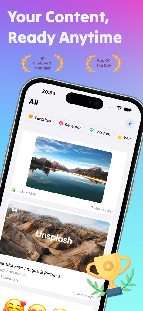 App PastePal su iPhone che mostra la cronologia degli appunti con immagini salvate e raccolte organizzate