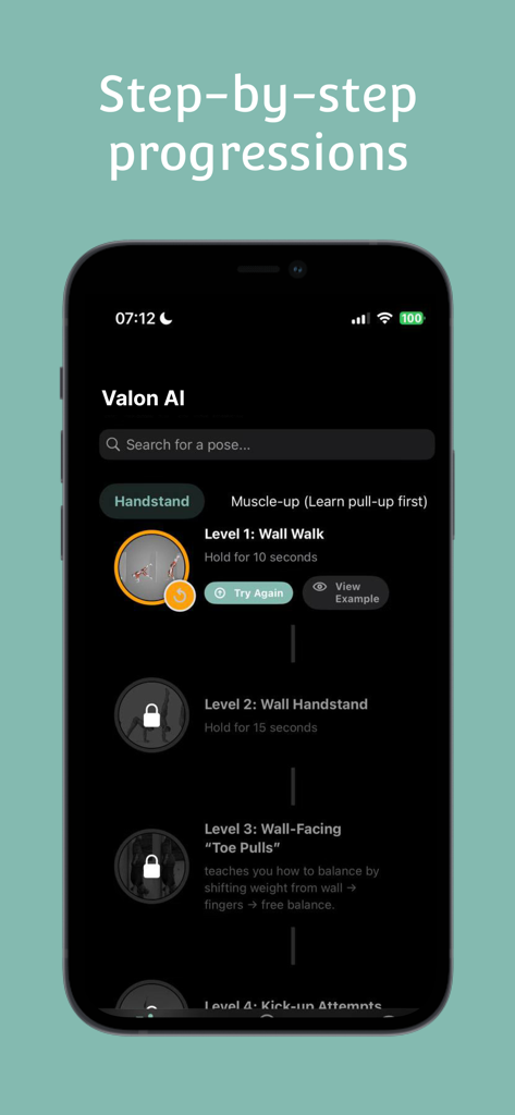 Valon: Calisthenics Coach - Interfaz de la aplicación Valon que muestra progresiones de habilidades de calistenia paso a paso para dominar un handstand