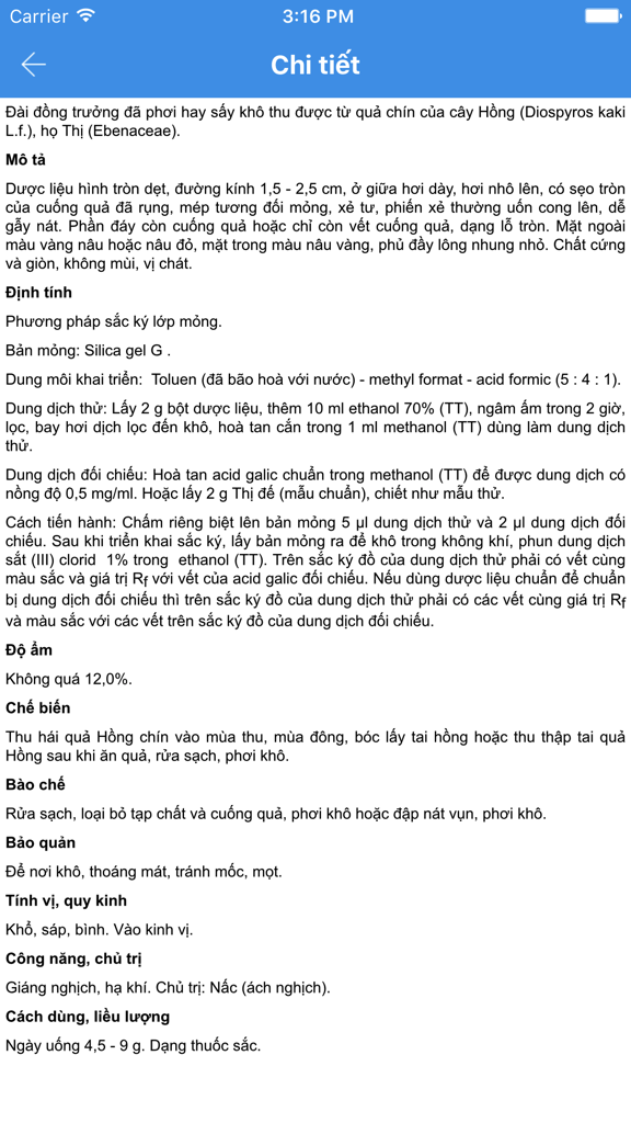 Y học - Dược lý - Screenshot of a Vietnamese medical app showing detailed properties and usage for a medicinal plant