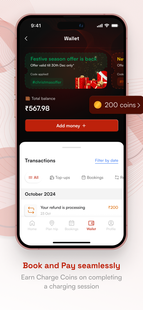 Charge Zone: EV Charging India - Charge Zone app wallet screen showing current balance transaction history and reward coins