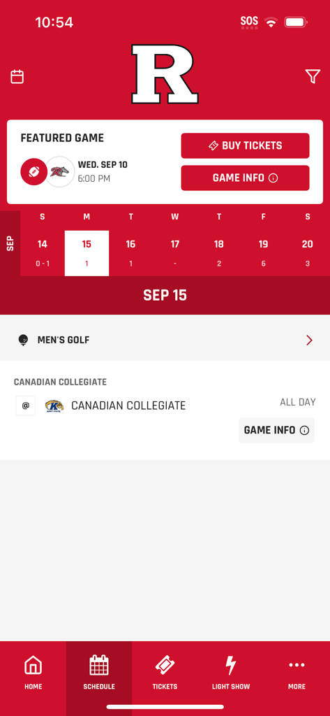 The schedule screen of the Scarlet Knights app displaying upcoming Rutgers sports events and a buy tickets option