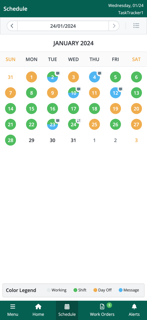 ASB Employee - ASB Employee app monthly work schedule calendar interface showing shifts and days off