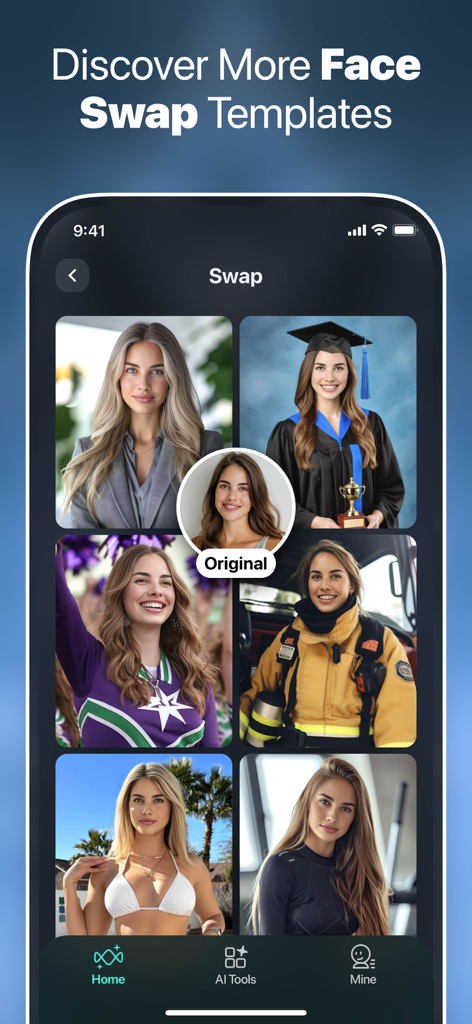 AI face swap interface showing various persona templates including graduation firefighter and business styles