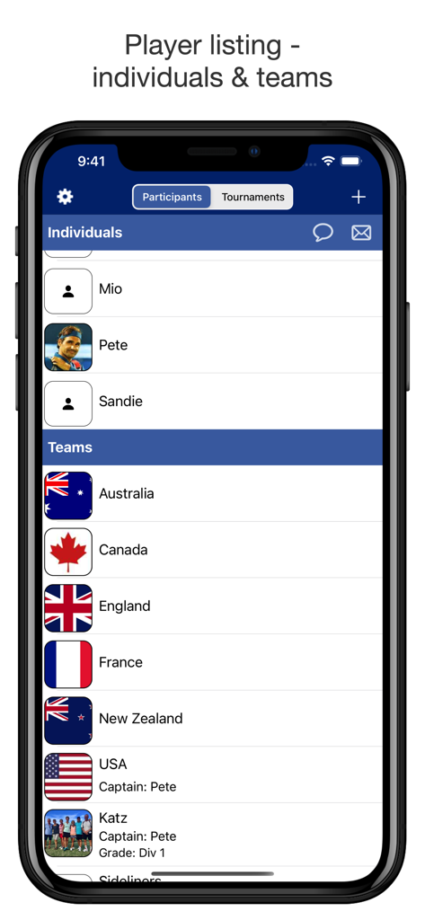 Mobile app interface displaying a list of individual players and sports teams for tournament management