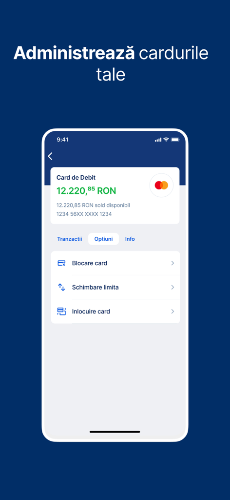 George Business Romania - Interface de l'application George Business Roumanie pour la gestion des cartes de débit d'entreprise et des limites