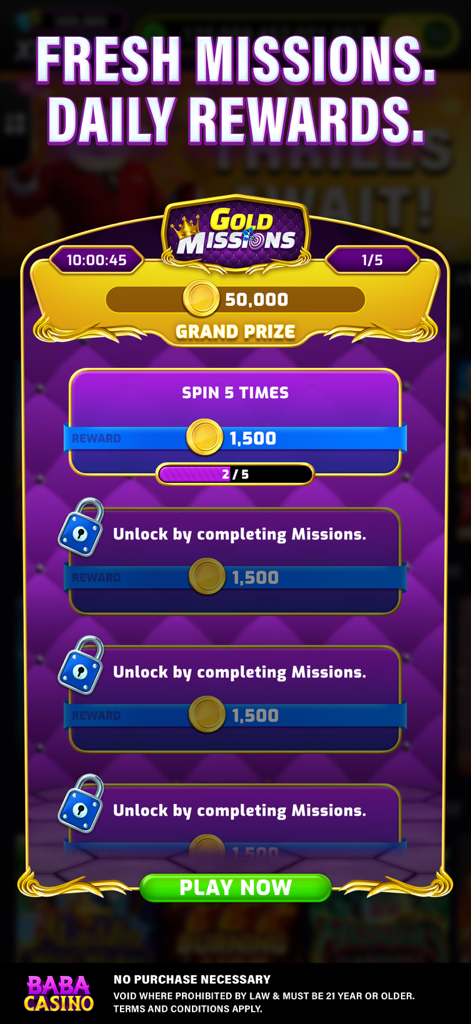 Baba Casino app screen showing Gold Missions with coin rewards and progress bar for daily challenges