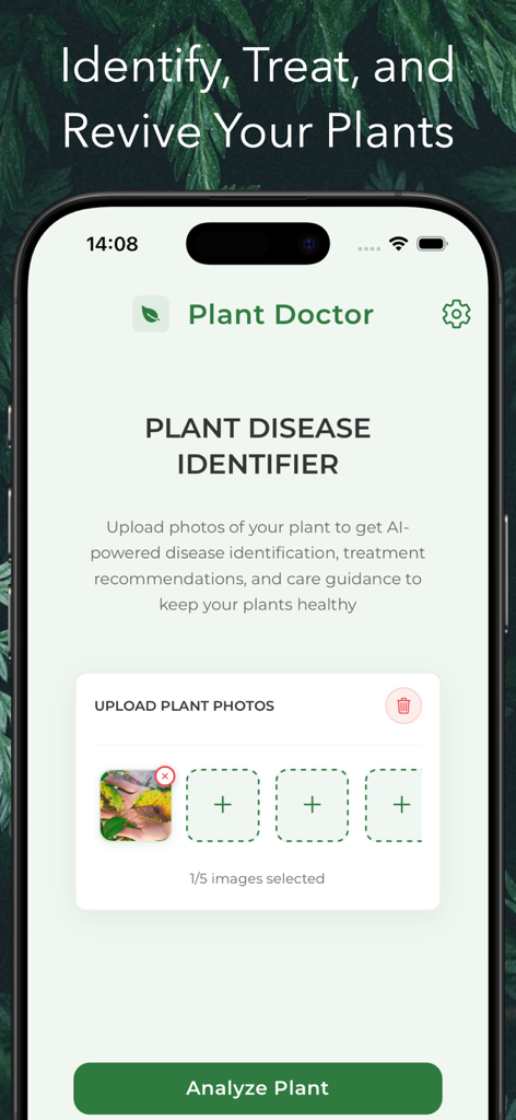Plant Doctor: AI Disease ID - Pantalla de la aplicación Plant Doctor para subir fotos de plantas para identificar enfermedades con IA