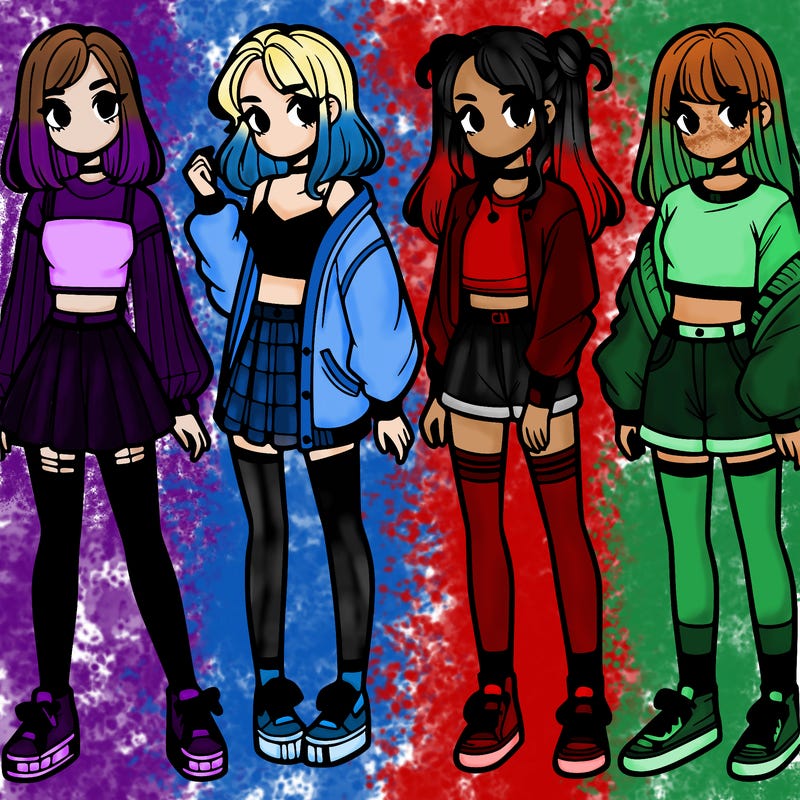 one girl with crop-top shirt and a jacket with a skirt, long socks and another girl with a shirt and pants with a jacket