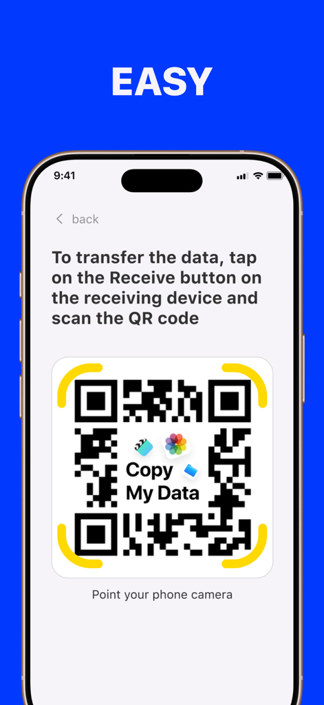 Copy My Data - Mobile Transfer - iPhone画面に、デバイス間での簡単なモバイルデータ転送用のQRコードが表示されている。