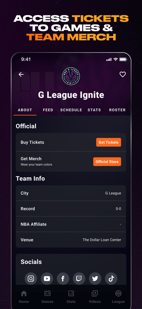 NBA G League app interface showing the G League Ignite team page with ticket and merchandise links.