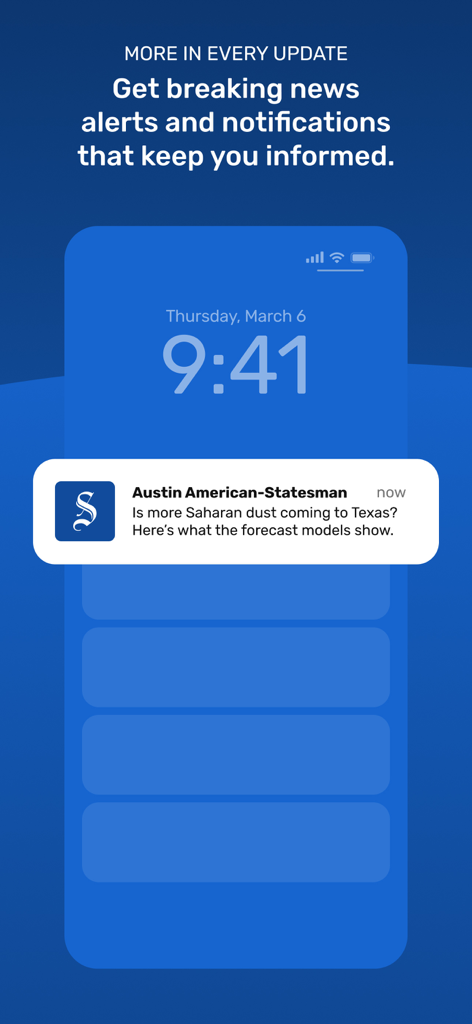 Avvisi di notizie dell'ultima ora dell'app Austin American Statesman sulla schermata di blocco di un dispositivo mobile.