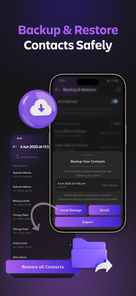Duplicate Cleaner App-Softices - Duplicate Cleaner App interface for backing up and restoring iPhone contacts safely