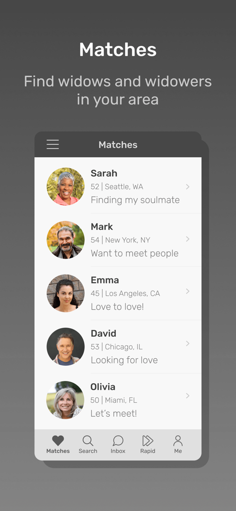 과부와 홀아비들을 위한 지역 프로필의 세로 목록을 보여주는 과부 앱 데이트의 스크린샷입니다.