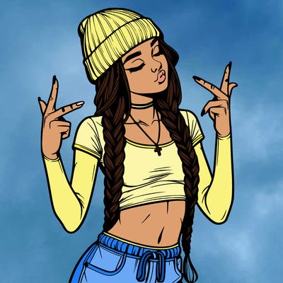 realistic teenage girl with braids and a beanie and crop top doing 🫶🏼