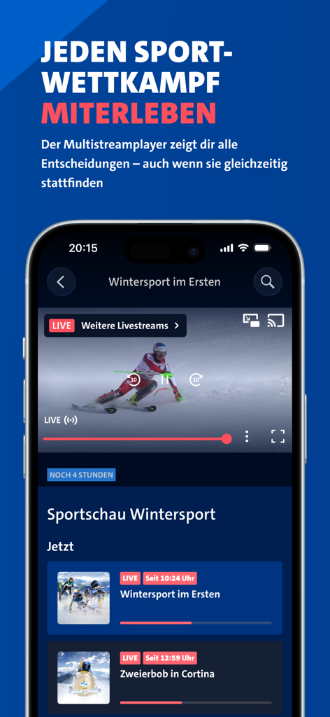 Interfaccia dell'app ARD Mediathek che mostra una trasmissione sportiva invernale dal vivo con opzioni per flussi multipli simultanei su un iPhone.