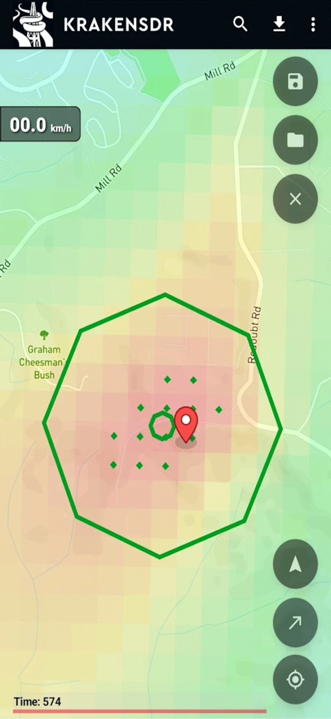 KrakenSDR RDF - KrakenSDR RDF app interface showing a signal heatmap and triangulation pin on a map
