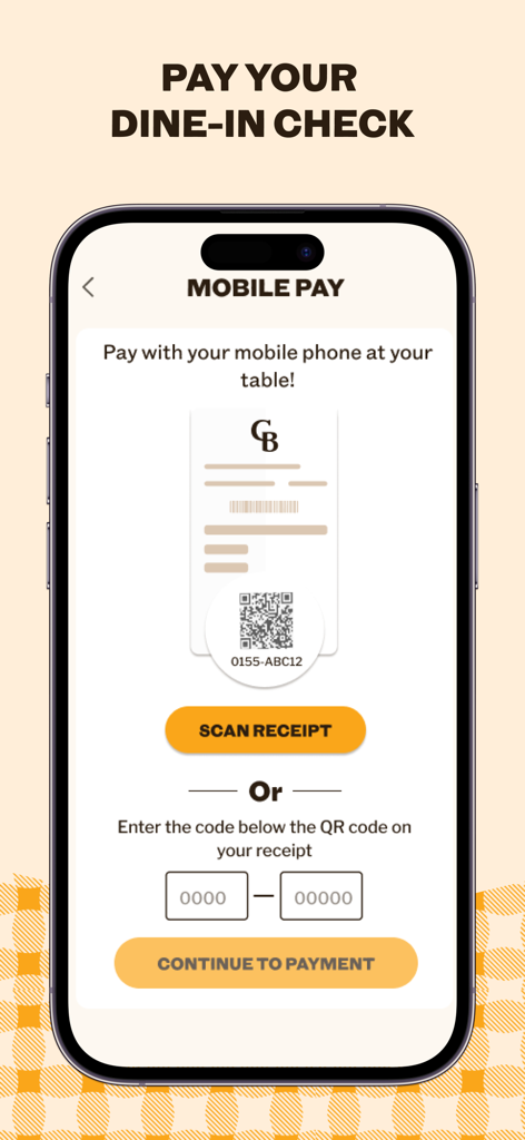 Cracker Barrel mobile app screen for paying at the table by scanning a receipt QR code