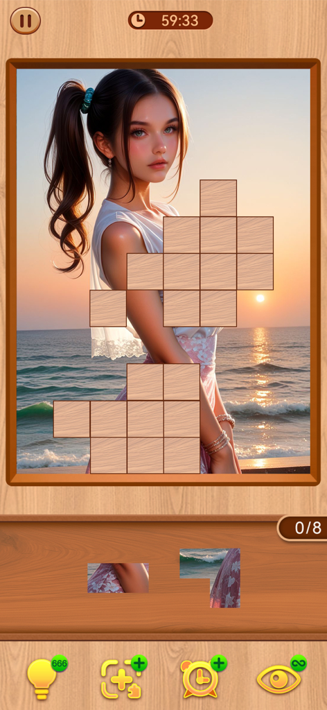 Pantalla de juego de Block Jigsaw Girl mostrando un rompecabezas de una chica en la playa durante el atardecer