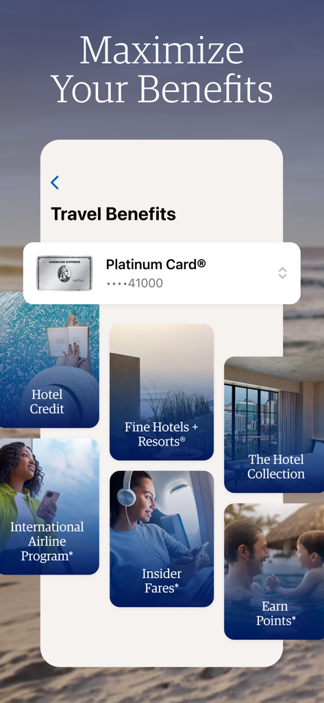 Tela do aplicativo Amex Travel listando benefícios para membros Platinum Card.