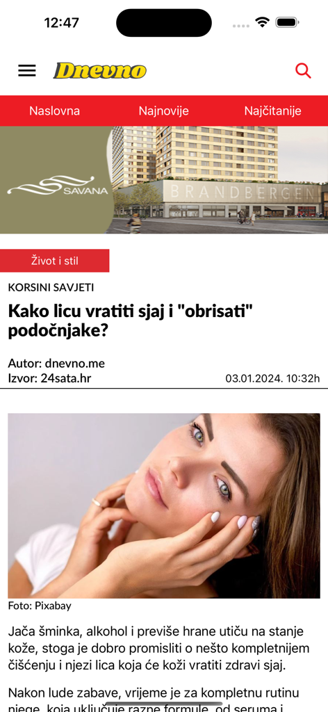 Screenshot of the Dnevno.me news app showing a lifestyle article about skincare with a woman's face