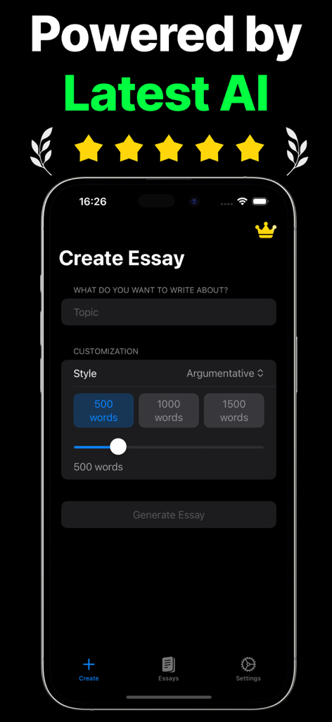 Essay Writer AI Generate Text - The Esai app interface for creating an argumentative essay with adjustable word count