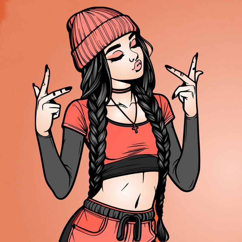 realistic teenage girl with braids and a beanie and crop top doing 🫶🏼