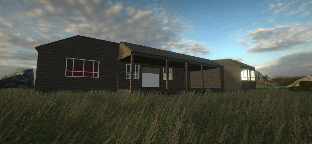A large wooden house in a grassy field within the Building Destruction sandbox game