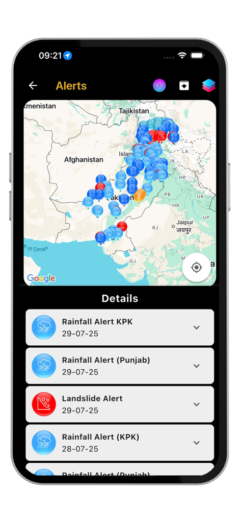 PAK NDMA-Disaster Alert - PAK NDMA app interface displaying a map of Pakistan with color coded disaster alerts and detailed rainfall and landslide notifications