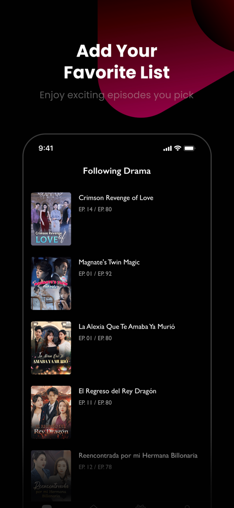 LunaShortアプリのインターフェース、フォロー中のショートドラマシリーズのパーソナライズされたリストを表示