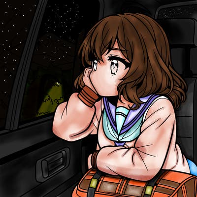 anime girl sighing with elbow on window sill on the back seat of the car looking outside the window of the car