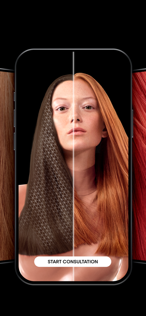 My Hair [iD] - Split screen view of a woman using virtual try on to change hair color from brown to copper