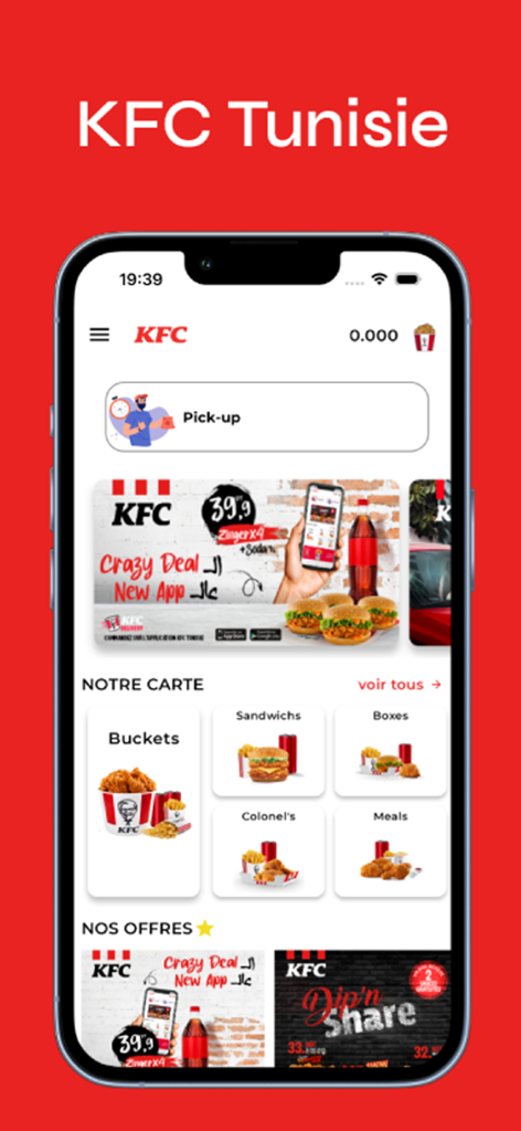 KFC Tunisie - Interfaz de la aplicación móvil KFC Túnez mostrando categorías de menú y ofertas promocionales en un iPhone